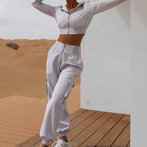 Long Sleeve Gym Sportswear Zipper Crop Top Hoodies 