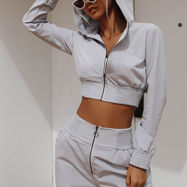 Long Sleeve Gym Sportswear Zipper Crop Top Hoodies 